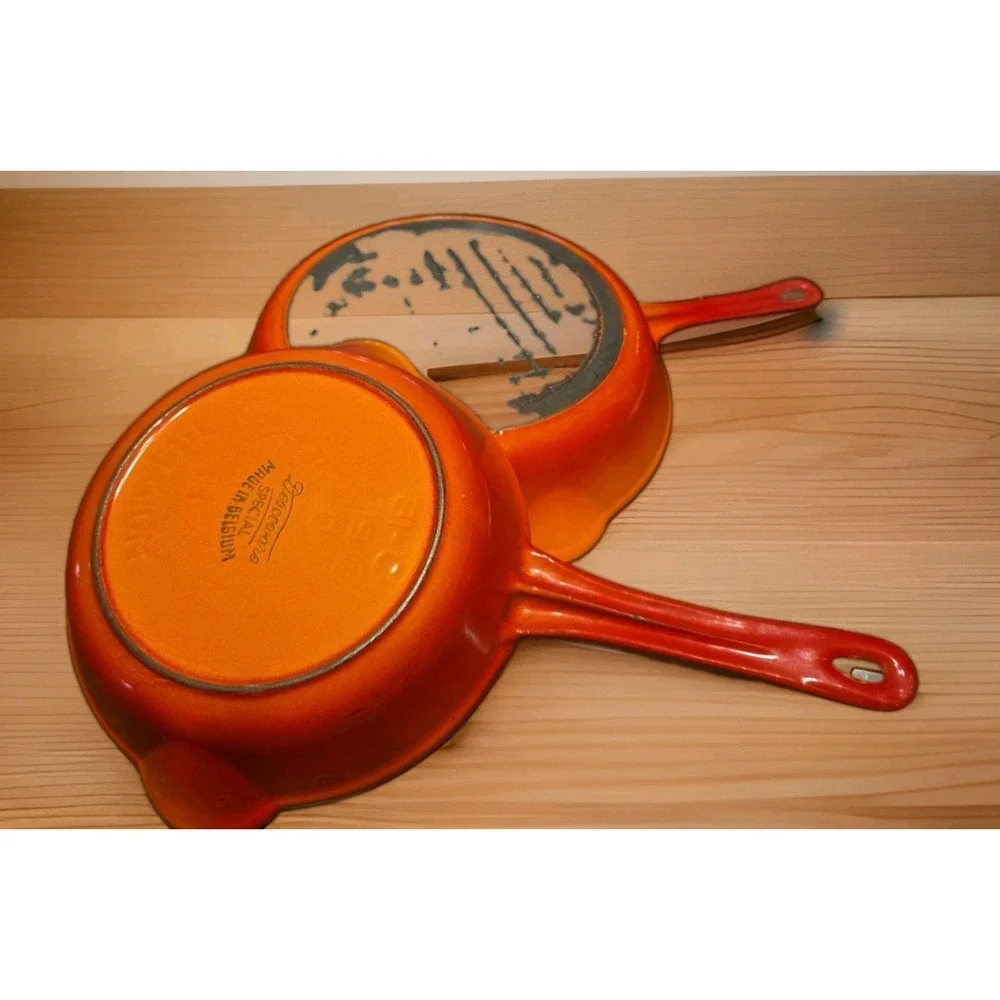 Set of 2 Vintage Descoware Flame Orange Enameled Cast Iron Skillet Pans Belgium